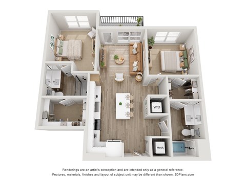 Floor plan for 2 beds, 2 baths, 1030 sqft